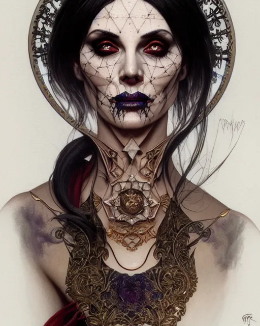 Image similar to portrait of a satanic witch, tattooed face, upper body, decorated, intricate, elegant, highly detailed, digital painting, artstation, concept art, smooth, sharp focus, illustration, art by artgerm and greg rutkowski and alphonse mucha, 8 k