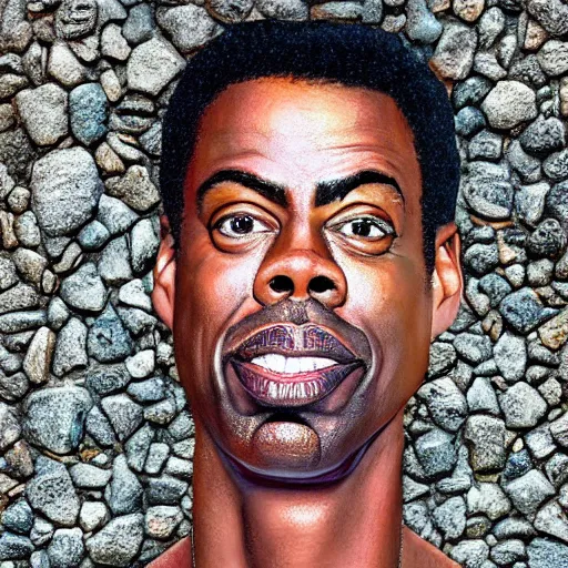 Image similar to a portrait of of chris rock constructed from rocks, collage, drop shadow, organic, layered composition, layers, texture, mcu, petals, highly textured, layered, sculpted, dynamic,