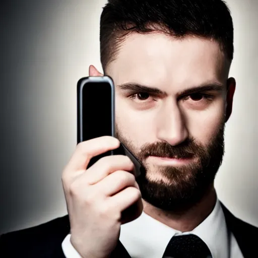 Image similar to man in a black suit, holding a very advance phone, photorealistic, realistic, dramatic, cinematic, cinematic, photography