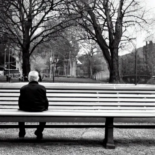 Prompt: an old photo of a man sitting on a park bench arguing with a duck