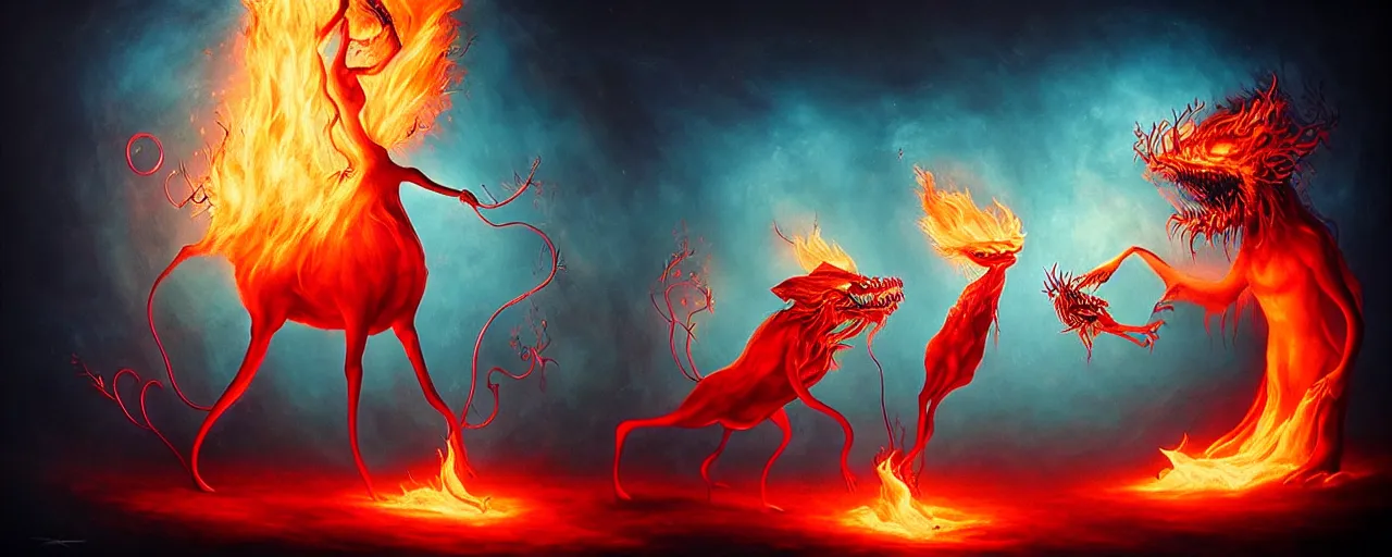 Image similar to whimsical fiery alchemical creatures, surreal dark uncanny painting by ronny khalil