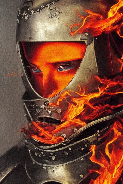 Image similar to hyperrealism oil painting, close-up portrait of medieval european fashion model, knight, steel gradient mixed with fire sky, in style of baroque mixed with 70s japan book art