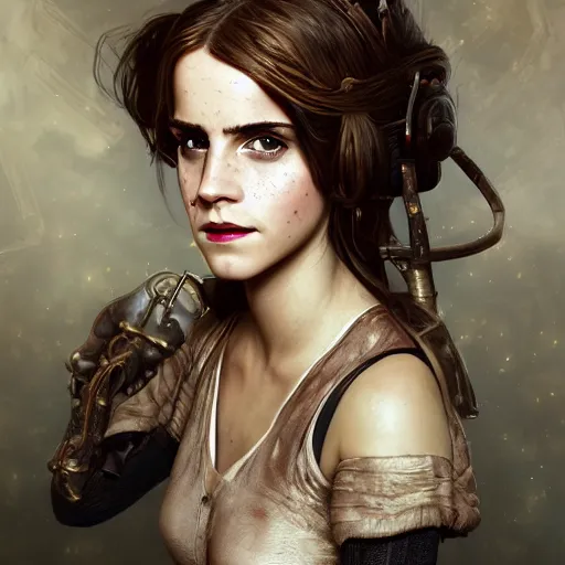 Image similar to steampunk portrait of emma watson, au naturel, hyper detailed, digital art, trending in artstation, cinematic lighting, studio quality, smooth render, unreal engine 5 rendered, octane rendered, art style by klimt and nixeu and ian sprigger and wlop and krenz cushart.