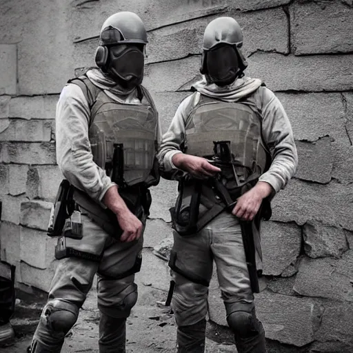 Prompt: British mercenaries wearing grey body armor with grey helmets smoking cigarettes in the aftermath of a bloody battle, photo by Adam Ferguson, Pulitzer Winning, cinematic composition, breathtaking, modern, 2022