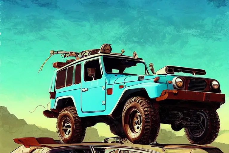 Image similar to digital illustration of a faded cyan mad max's fj 4 0 decrepit!!!! pursuit special, rusty!!! nissan fj cruiser heavily modded 1 9 9 0 s, the last v 8 interceptor by makoto shinkai, ilya kuvshinov, lois van baarle, rossdraws, basquiat