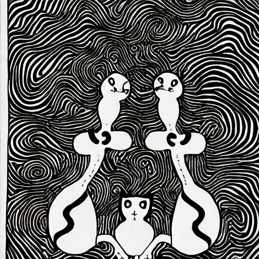 Prompt: black and white illustration creative design, two headed cat, junji ito