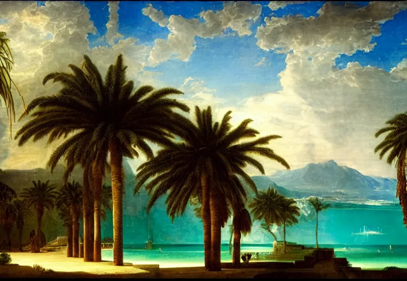 Image similar to The highest palace ever made, thunderstorm, greek pool, beach and palm trees on the background major arcana sky, by paul delaroche, hyperrealistic 4k uhd, award-winning very detailed