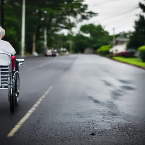 Image similar to nursing home clients running down the street find a car and start to drive. shallow depth of field. very dark and stormy