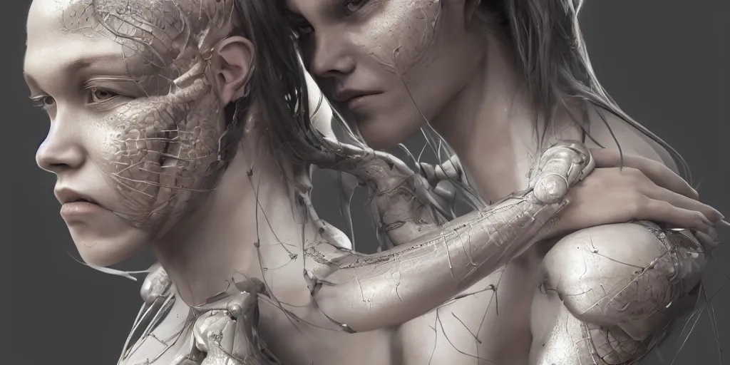 Image similar to hyper realistic photography of a stunningly beautiful cyborg female, elbow, intimate, holding close, in the style of beth cavener, jin kagetsu, wlop, highly detailed, intricate filigree, symmetry, masterpiece,, concept art, highkey lighting, ambient lighting, octane render, 8 k, artstation