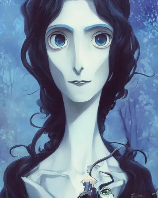 Image similar to elegant mysterious solemn desperate male victor van dort from the movie the corpse bride, portrait, illustration, the land of the death, rim light, top light, summer clear blue sky, perfectly shaded, soft painting, art by krenz cushart and wenjun lin