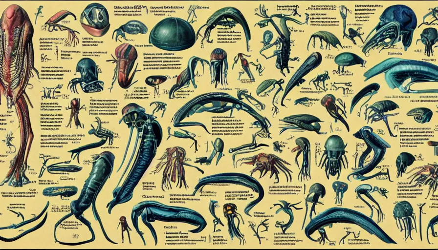 Image similar to illustrations from an alien anatomy textbook, infographics, highly detailed, intricate,