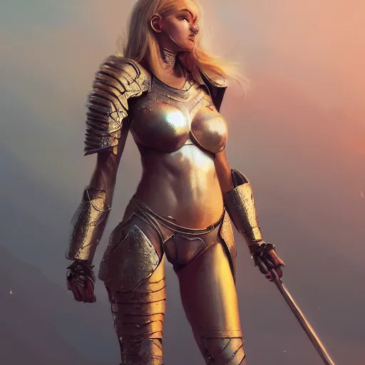 Prompt: full body portrait of a blonde female wearing bikini knight armor, an ultrafine hyperdetailed illustration by tooth wu and wlop and beeple and greg rutkowski, trending on artstation, highly detailed, 4 k, 8 k