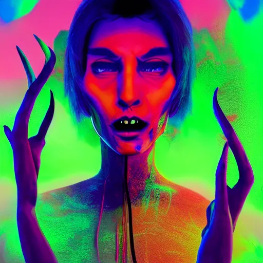Image similar to Hyperdetailed psychedelic horror fantasy portrait of a vampire by Beeple, vivid color, hip hop album cover,