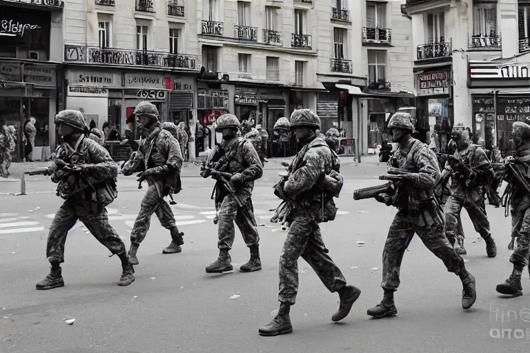 Prompt: soldiers fighting in the street of Paris, photography photorealism, photojournalism