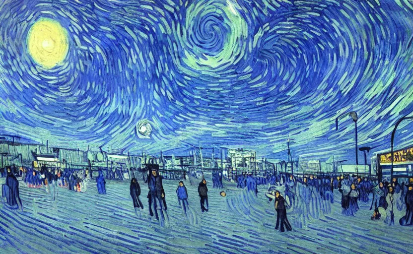 Prompt: people with posters attacking cops, a huge blue spiral - shaped white luminous attractor is floating on the horizon near the sun, stores in los angeles with light screens all over the street, concept art, art for the game, professional lighting, dark night lighting from streetlights, by van gogh