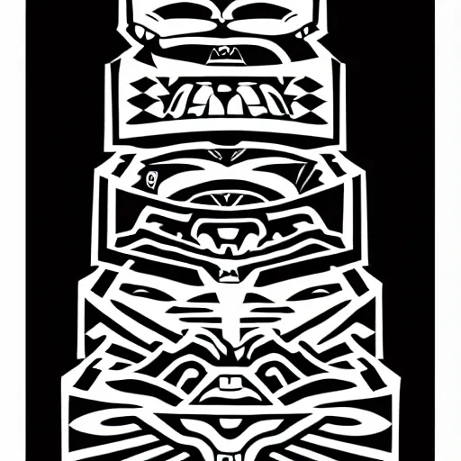 Prompt: totem pile by Jeremy Fish. Inspired by mrjeremyfish on instagram. Black and white duotone ink drawing. Flawless quality logo graphic design
