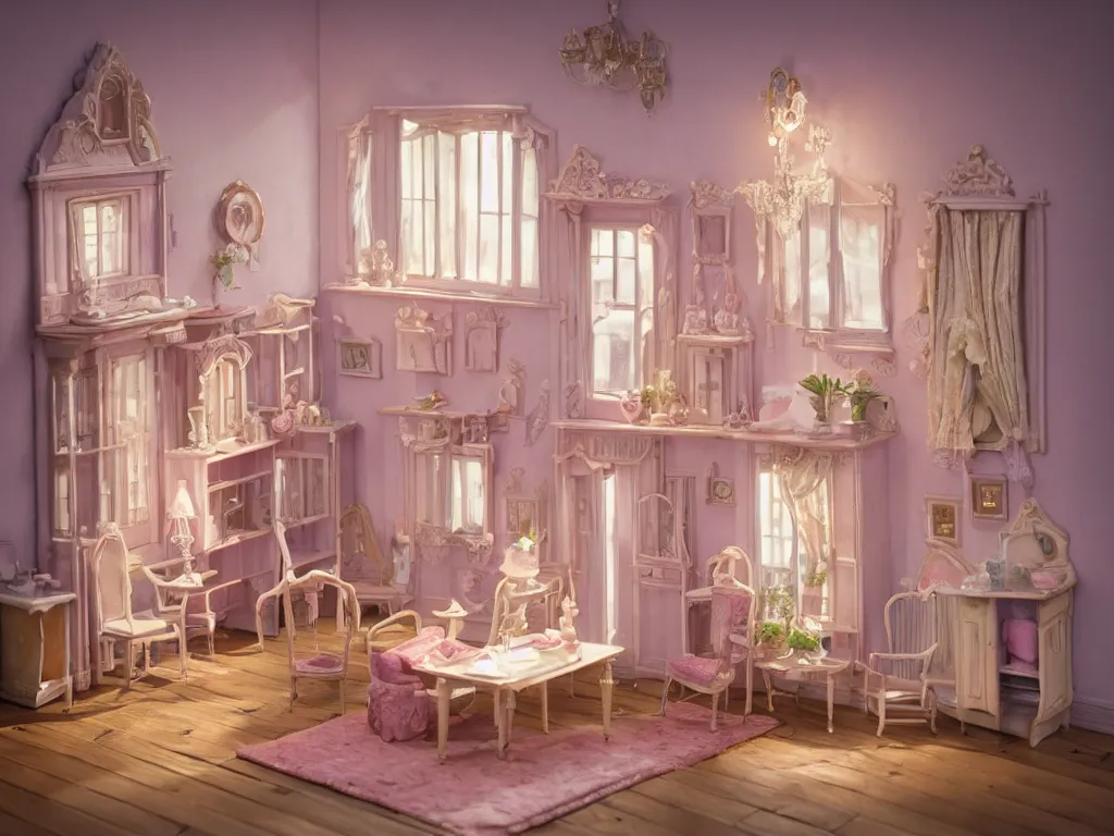 Image similar to hyperrealistic, highly detailed rendering, one source of light, interior of a victorian doll house, polly pocket, cute, strange, pastel tones, victorian furnitures, low natural light, volumetric light windows, oak wood floor, luxe, 8 k, ultra wide angle