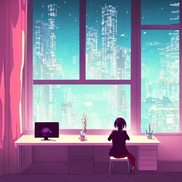 Prompt: beautiful illustration at night of a lonely female in her studio apartment sitting at her computer desk which is in front of a window which looks out to a futuristic city, japan, anime manga style, neon pastel, in the style of ghibli and hayao miyazaki and satoshi kon and shinichiro watanabe and makoto shinkai