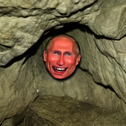 Image similar to photo inside a cavern of a wet reptilian humanoid putin with red eyes, open mouth with big teeth, partially hidden behind a rock with some blingblings