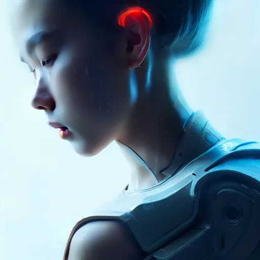 Image similar to portrait of beautiful girl with robot body by fenghua zhong and ruan jia, close up, portrait, cinematic, elegant, artstation, intricate, highly detailed, digital painting, artstation, concept art, sharp focus, illustration, cyberpunk, cgsociety, 8 k