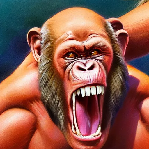 Image similar to Strong Angry Chimpanzee Screaming, Boris Vallejo, Epic, 8k resolution, ArtStation, Hyperrealistic