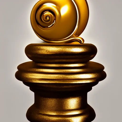 Prompt: golden snail award trophy on top of a marble pillar, white background, soft lighting