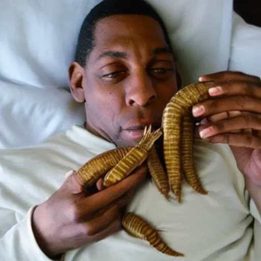 Prompt: john coltrane snuggling one giant mealworm in bed