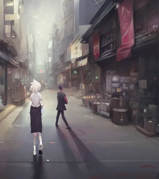Prompt: a girl in a business is walking in the middle of the street, she has a red necktie and grey hair, digital painting, by tran ross and jordan grimmer and greg rutkowski, anime art, artstation, hd, smooth,