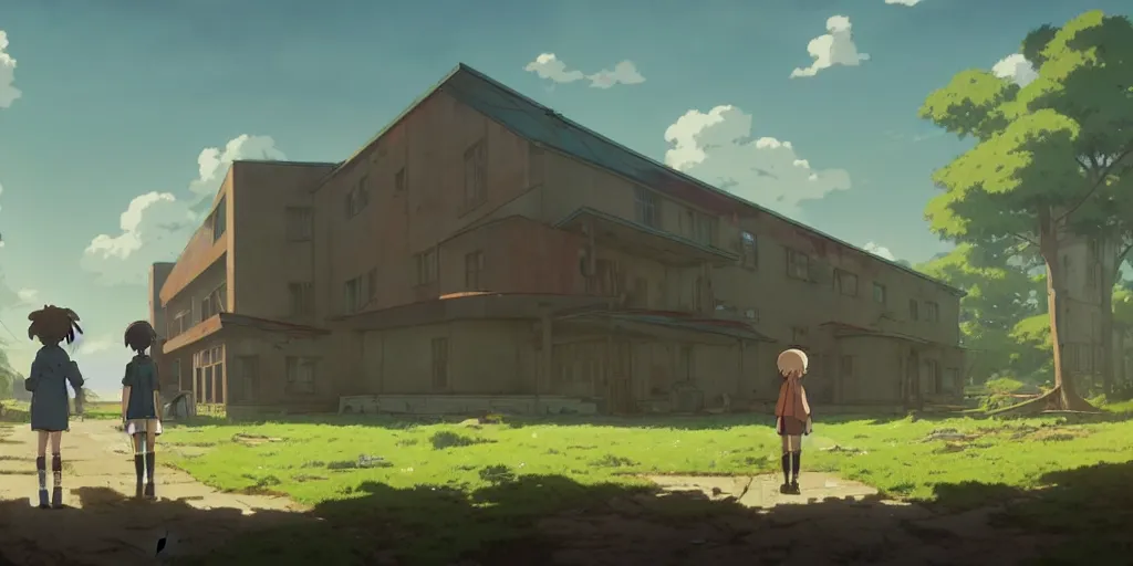 Prompt: a wholesome animation key shot of a post apocalyptic school, covered by nature hipster vibes by studio ghibli, animation, sharp, rendered in unreal engine 5, focused, anime key art by greg rutkowski, bloom, dramatic lighting