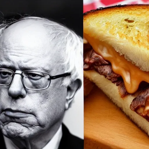 Prompt: bernie sanders face branded into a grilled cheese sandwich