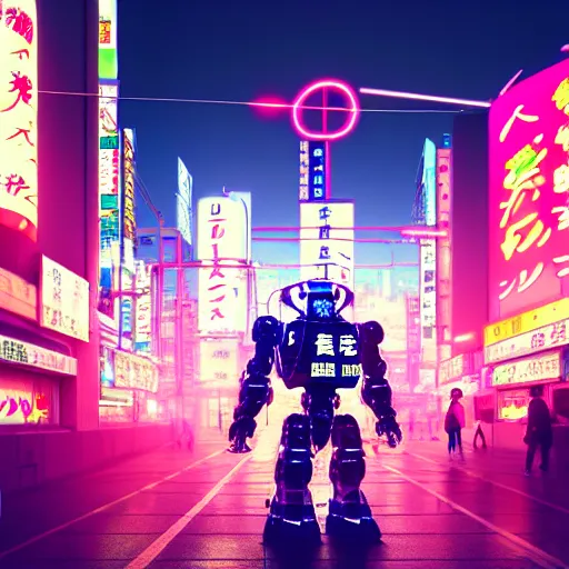 Image similar to market in japan, cyberpunk style, big mecha - bot in center of field on first plan, bright neon signs, sunny weather, octane render, 3 d render, hard surface, trending on artstation, featured on pixiv, hyper - detailed, hd, hdr, 4 k, 8 k