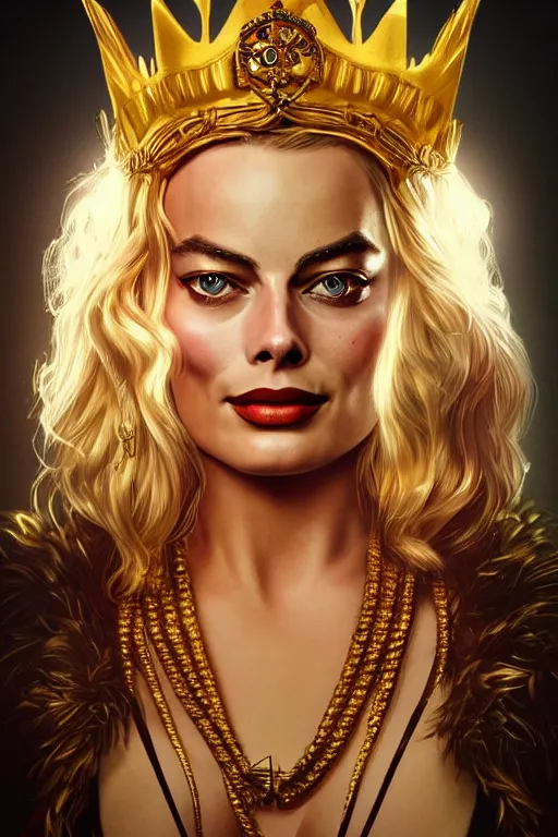 Prompt: Portrait of margot Robbie as a pirate queen with golden crown, elegant, photorealistic, highly detailed, artstation, smooth, sharp focus, gold ornaments, neon lighting, sci-fi, art by Klimt