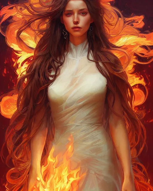 Prompt: beautiful long haired girl, fire dress, portrait, flames everywhere, highly detailed, digital painting, artstation, concept art, smooth, sharp focus, illustration, art by artgerm and greg rutkowski and alphonse mucha