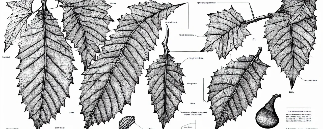 Image similar to a full page schematic diagram illustration of a vine leaf and an oak acorn, ultra detailed, 4 k, intricate, encyclopedia illustration, fine inking lines