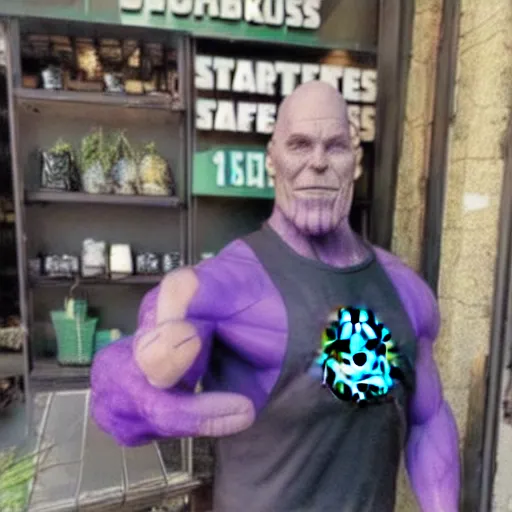 Image similar to thanos working at starbucks, hyperdetailed