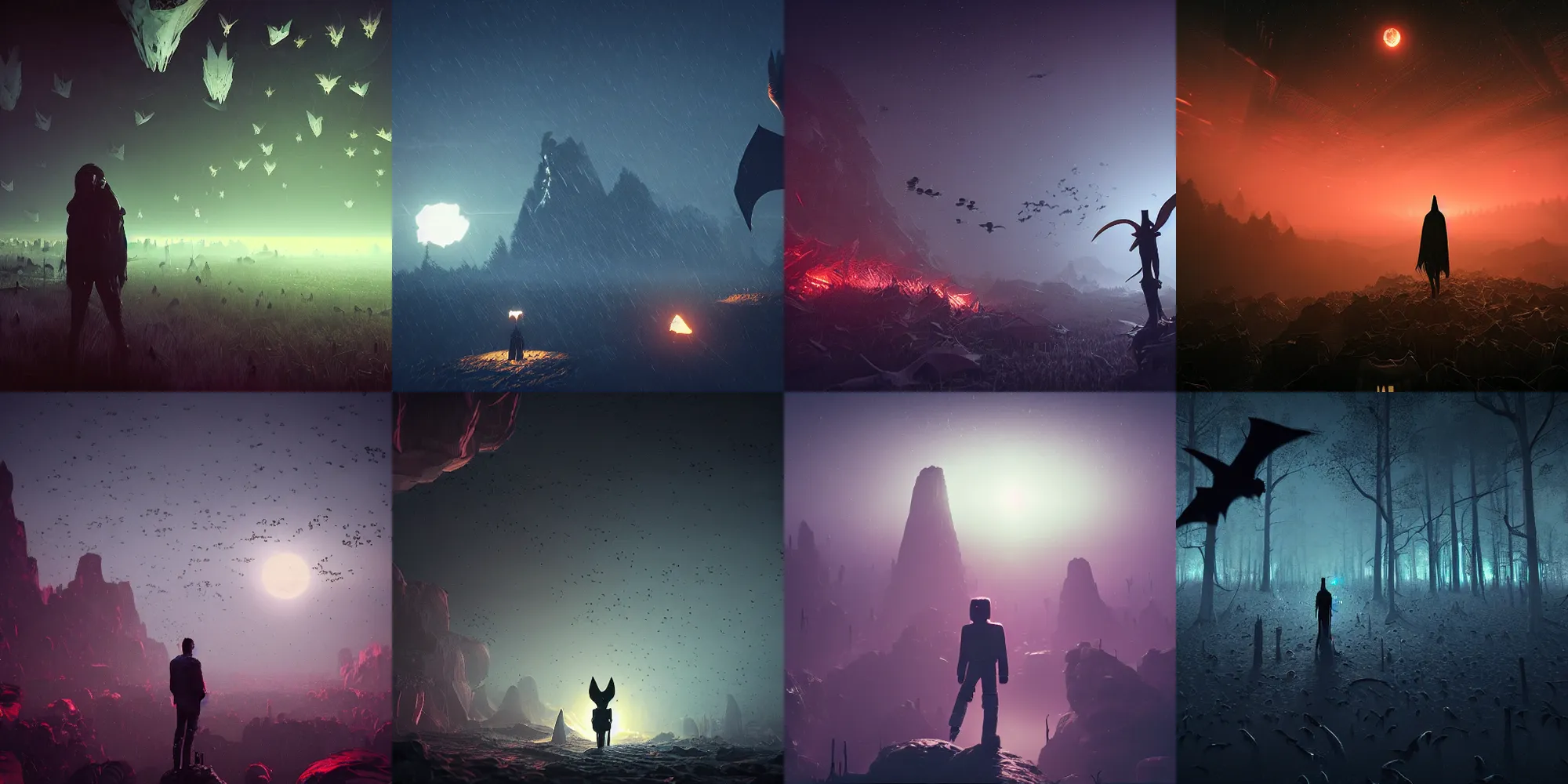 Image similar to beautiful dark landscape, vampire surrounded by millions of bats, in the style of beeple and Mike Winkelmann, photo real, ultra realistic, intricate, epic lighting, 8k resolution, unreal engine 5,