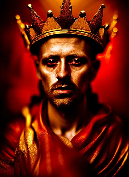 Image similar to 'Portrait of Crowned King Arthur' by Lee Jeffries royally decorated, whirling plasma, atmospheric motes, red and gold Sumptuous garb, gilt silk fabric, radiant colors, fantasy, perfect lighting, studio lit, micro details,