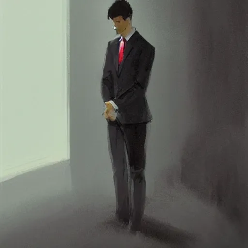 Image similar to concept art by greg rutkowski, very tall and thin young man, dressed in a lawyer's suit, standing drinking a coffee looking out a window in a minimalist, hi - tech, brutalist office, reddish exterior lighting, scifi, highly detailed portrait, digital painting, artstation, concept art, smooth, sharp foccus ilustration, artstation hq
