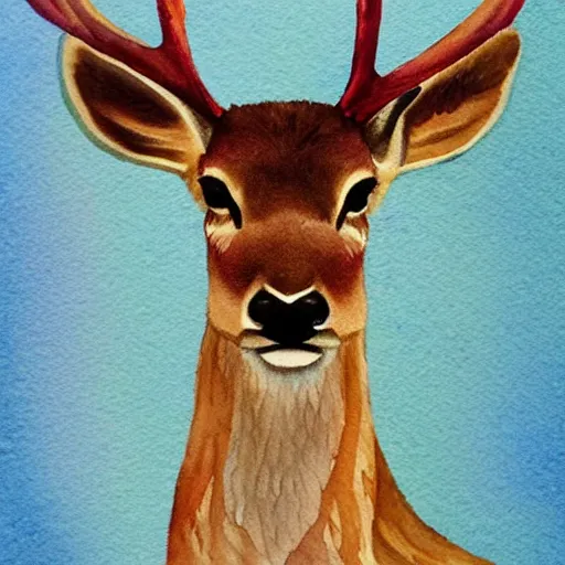 Prompt: a calming watercolour painting of a deer. deer portrait. symmetric. trending on artstation