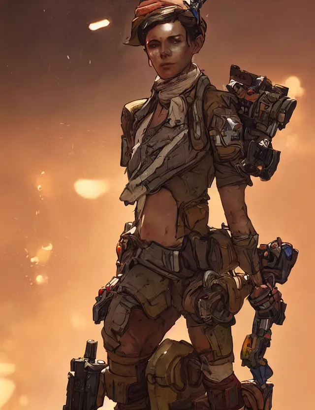 Image similar to a young female soldier as borderlands 3 concept art, art by ryo shiotani and greg rutkowski, intricate, beautiful, cute, cinematic lighting, vintage art by serge ivanoff, high resolution, very detailed