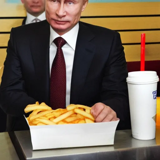 Prompt: vladimir putin in mcdonalds