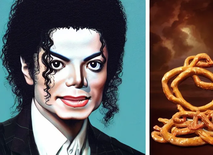 Prompt: michael jackson with pretzel hair, lowbrow, matte painting, 3 - d highly detailed, in the style of mark ryden,