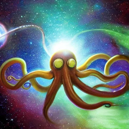 Image similar to space octopus planets stars tentacles eyes light forward facing arms