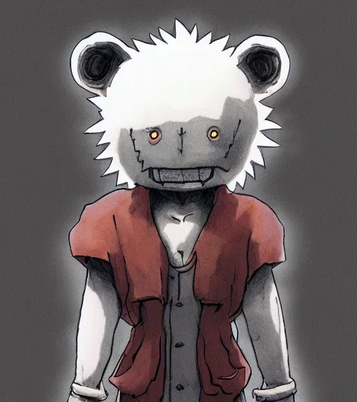 Prompt: attractive little boy wearing an cyborg bear suit, artwork in kentaro miura and made in abyss and inazuma eleven, smooth, beautiful lightness, anatomically correct, trending on pixiv, hot composition