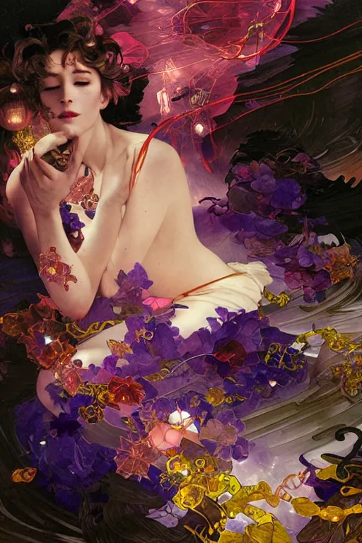 Image similar to she dreams of arcs of purple flame intertwined with glowing sparks, glinting particles of ice, dramatic lighting, steampunk, secret holographic cyphers, red flowers, bright neon solar flares, high contrast, smooth, sharp focus, art nouveau, painting by Caravaggio and Ayami Kojima and ruan jia and greg rutkowski and Alphonse Mucha