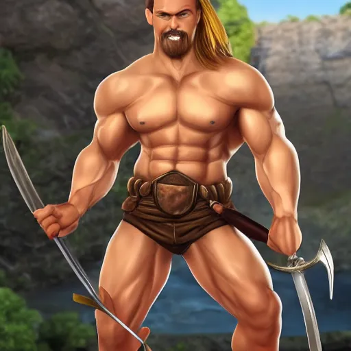 Image similar to camera footage of muscular man holding a sword with close - cropped blond hair and a long and yellow horseshoe mustache wearing brown sandals and short pants, 4 k, detailed, realistic, full body, real life