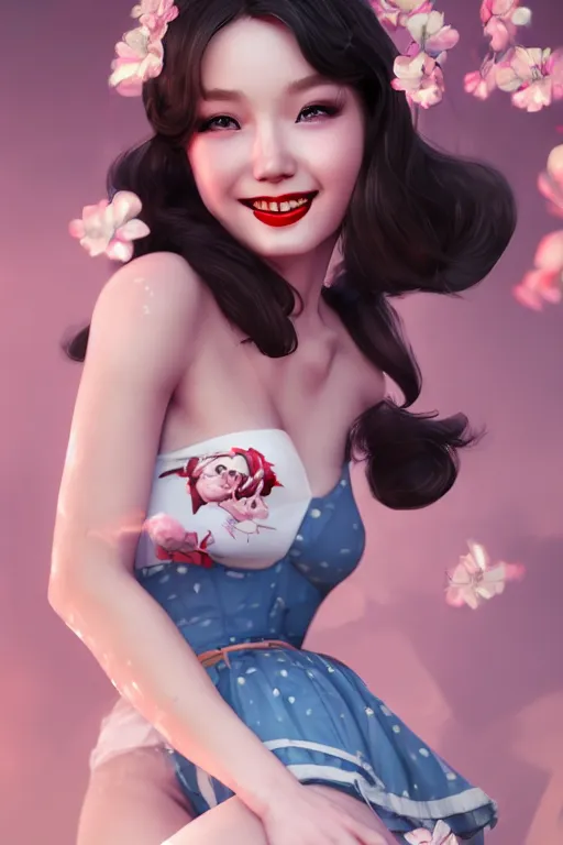 Image similar to a pin up and beautiful fashion and dreamlke girl, charming smile, by artgerm lau, & jeehyung lee & wlop, hyperdetailed, 8 k realistic, symmetrical, frostbite 3 engine, cryengine, dof, trending on artstation, trending on deviantart