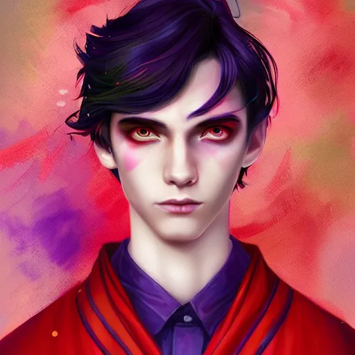 Image similar to colorful and festive captivating teenager boy with straight indigo hair, purple eyes with red eye markers, slim body, wearing a detailed japanese kimono. rich vivid colors, ambient lighting, dynamic lighting, 4 k, atmospheric lighting, painted, intricate, highly detailed by charlie bowater