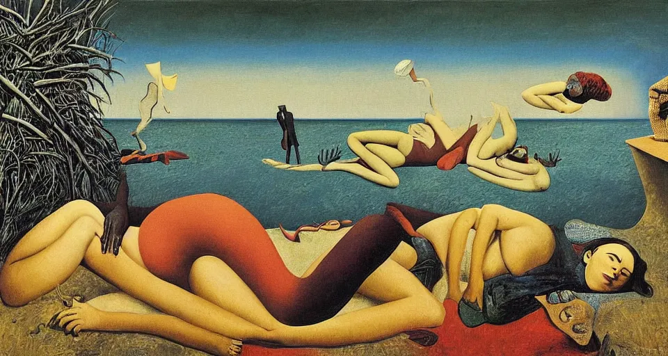 Prompt: a surreal painting by max ernst, rene magritte, dorothea tanning, titled'the long sleep on the beach'