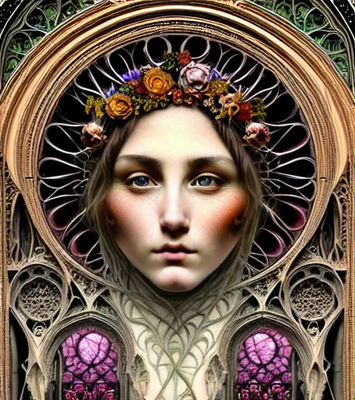 Image similar to hyperrealistic detailed face portrait of a beautiful young goddess morphing into a gothic cathedral, authentic ornamental architecture, intricate and highly detailed, awe inspiring art by ernst haeckel, h. r. giger, alphonso mucha, android jones, james jean, gothic, neo - gothic, heavily ornamental, nice deep colours,